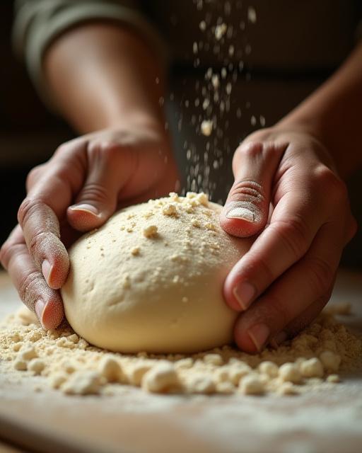 Manos de un panadero espolvoreando harina sobre una masa de pan.